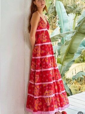FARM RIO Red Bananas Maxi Tiered Dress